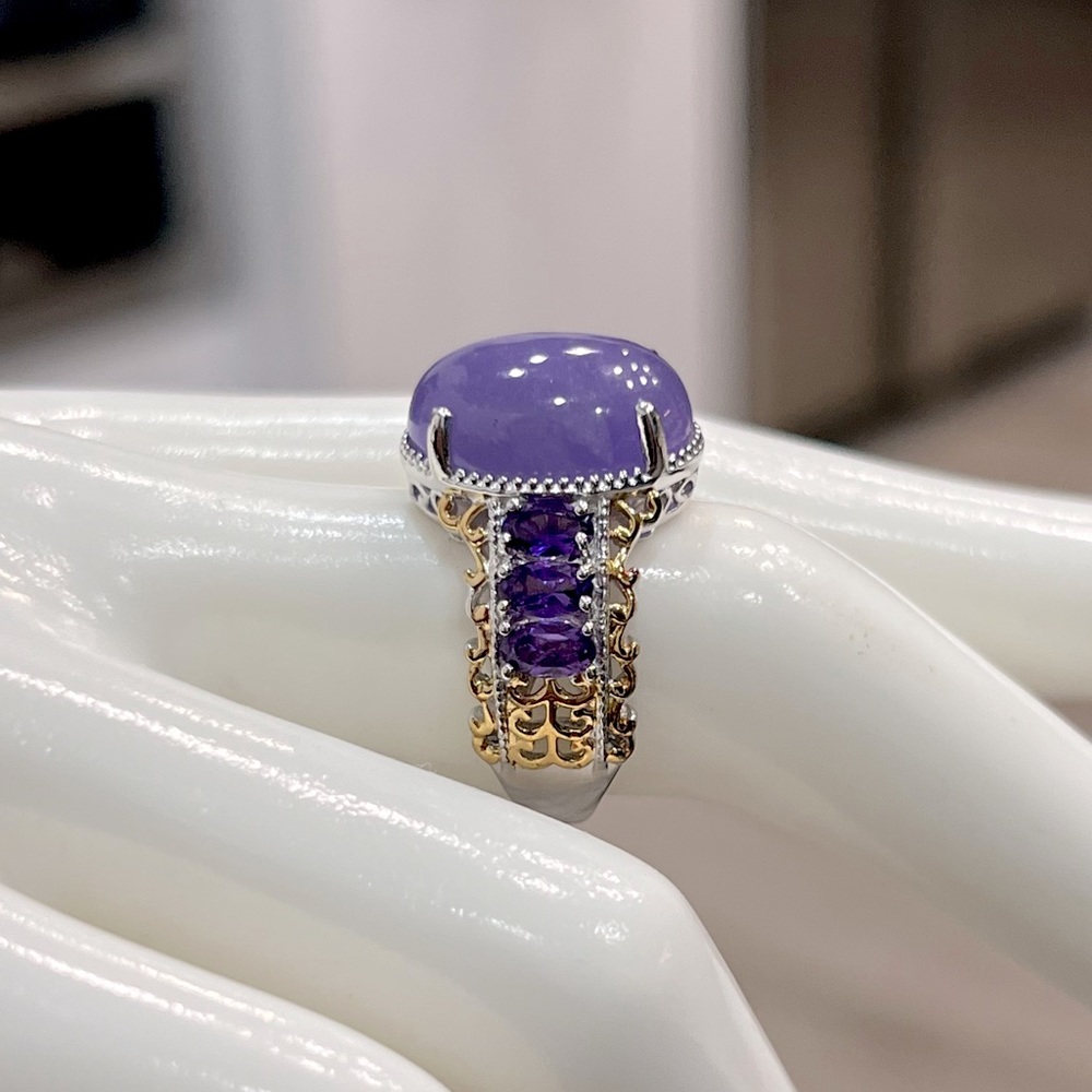 Burmese Purple Jade Amethyst 14K YG Sterling Silver Statement Ring - Picture 7 of 11